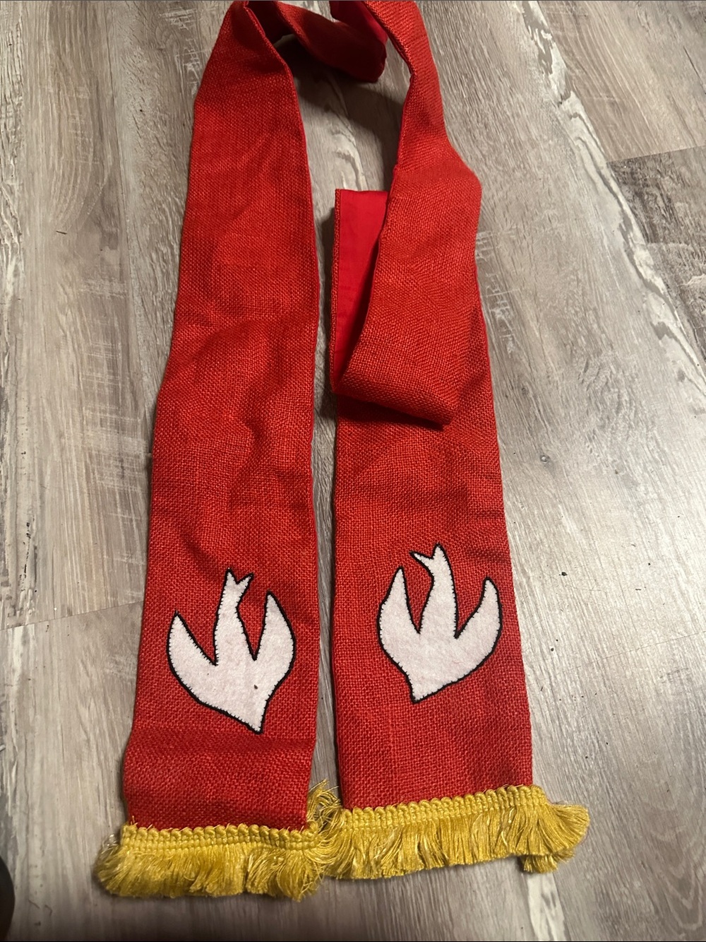 Children's Red Tie with White Dove Appliqué and Gold Fringe
